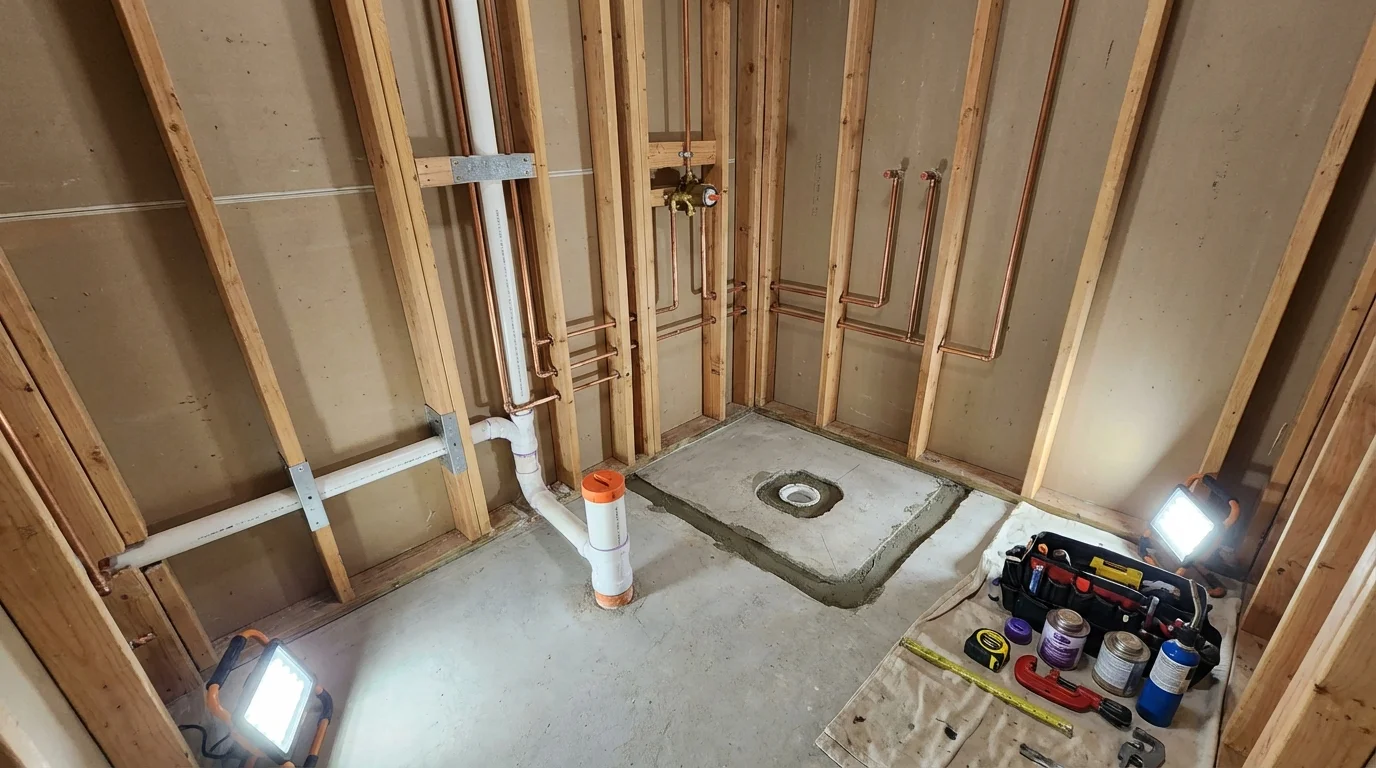 Bathroom rough-in plumbing during remodel by Johns Plumbing LLC in West Nyack