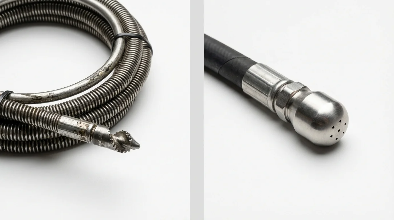 Drain snake cable and hydro jetting nozzle used for drain cleaning in West Nyack, NY