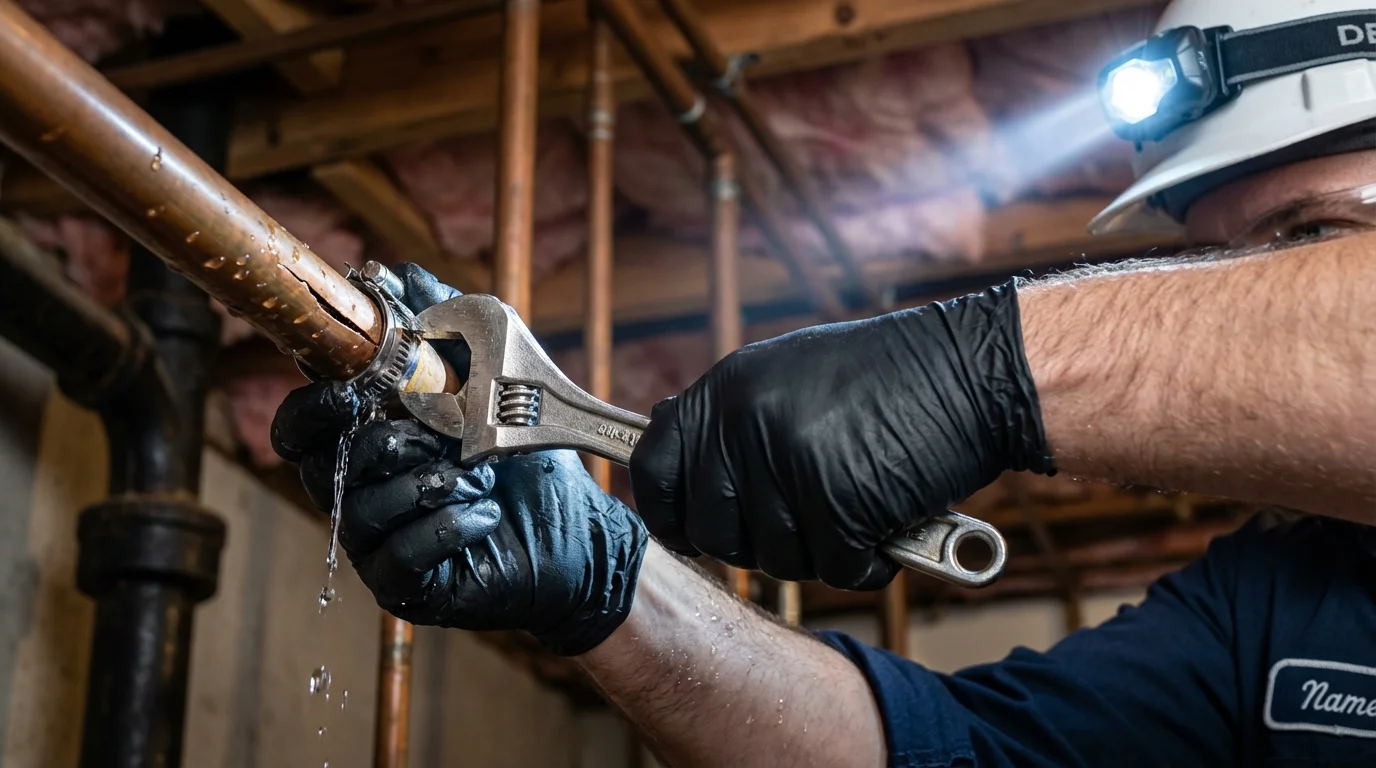 Emergency pipe clamp repair being performed by a Johns Plumbing LLC plumber in West Nyack