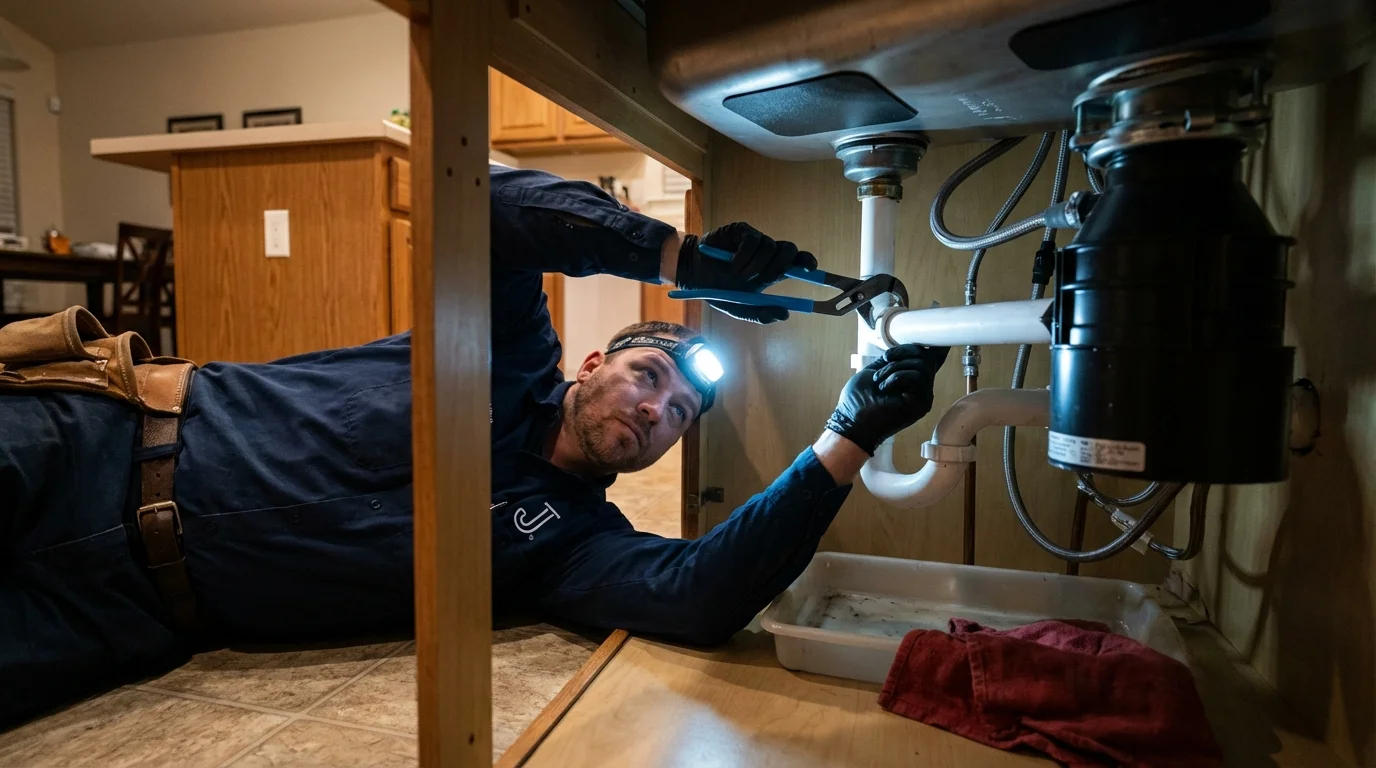 P-trap and supply line connections under a kitchen sink showing a common leak point in West Nyack, NY